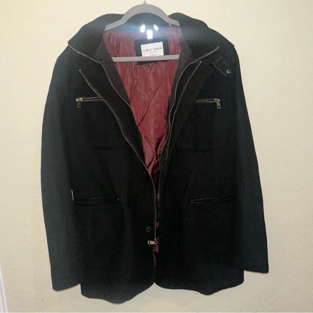 Cole Haan Men’s Medium Black Wool Blend Melton Button & Zip Up Winter Pea Coat